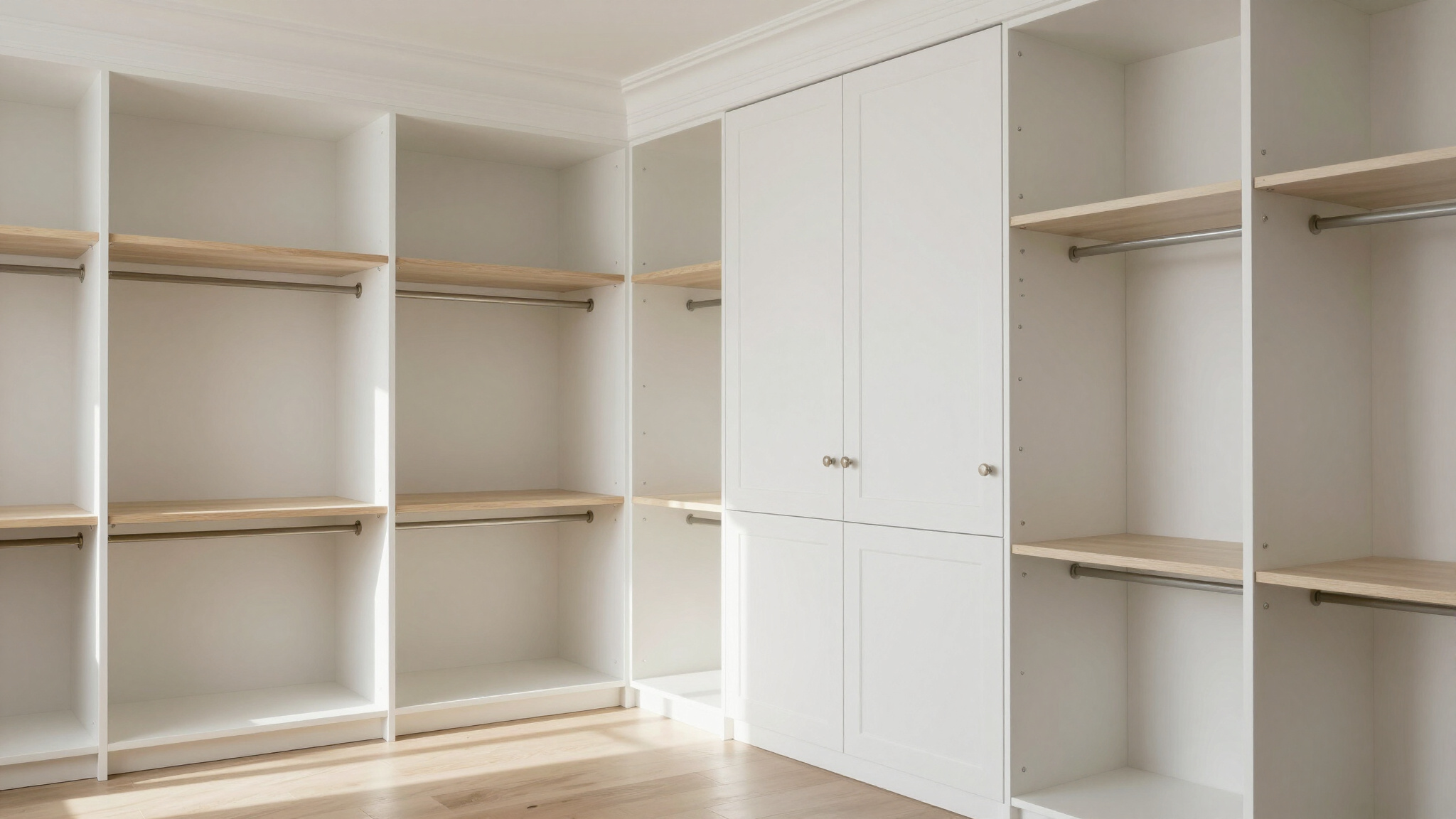 Empty white custom made luxury closets with wood shelves.