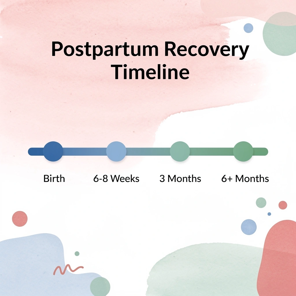 Timeline showing postpartum recovery phases from birth to 6+ months