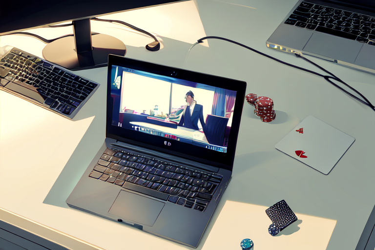 A laptop a loyalty card and a few casino chips on a desk
