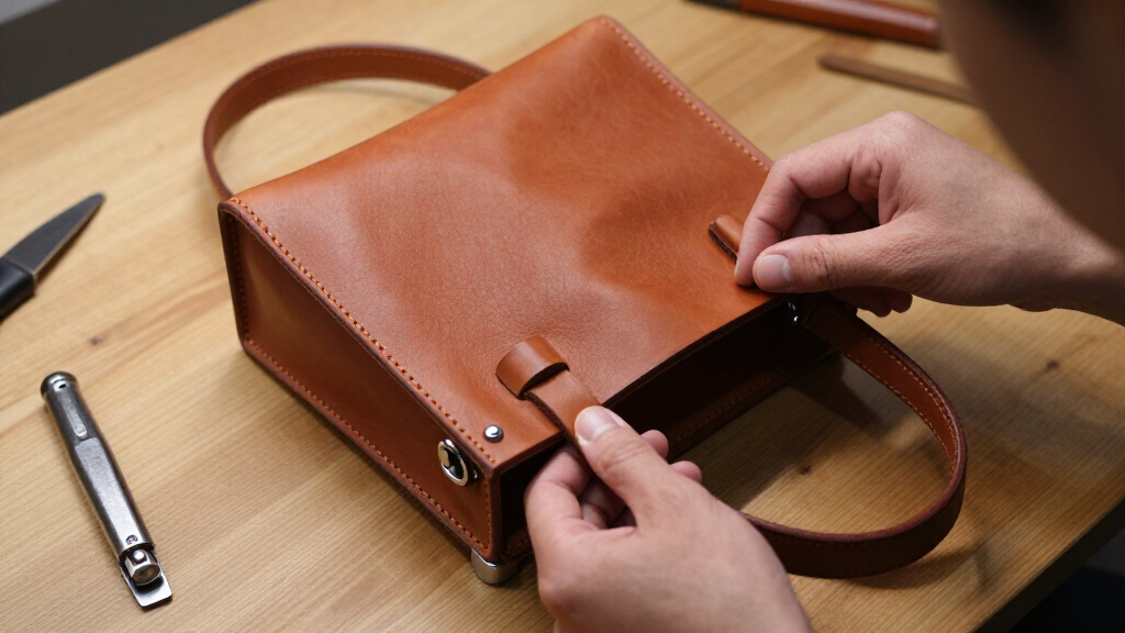full grain leather top handle bags with feet on bottom