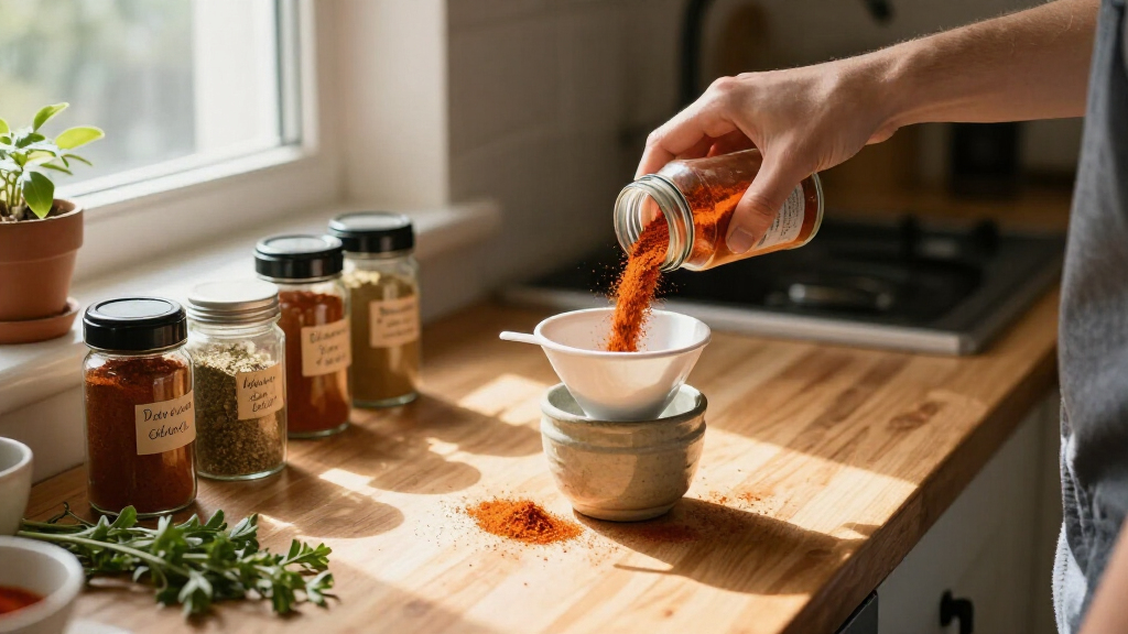spice jars with labels and funnel
