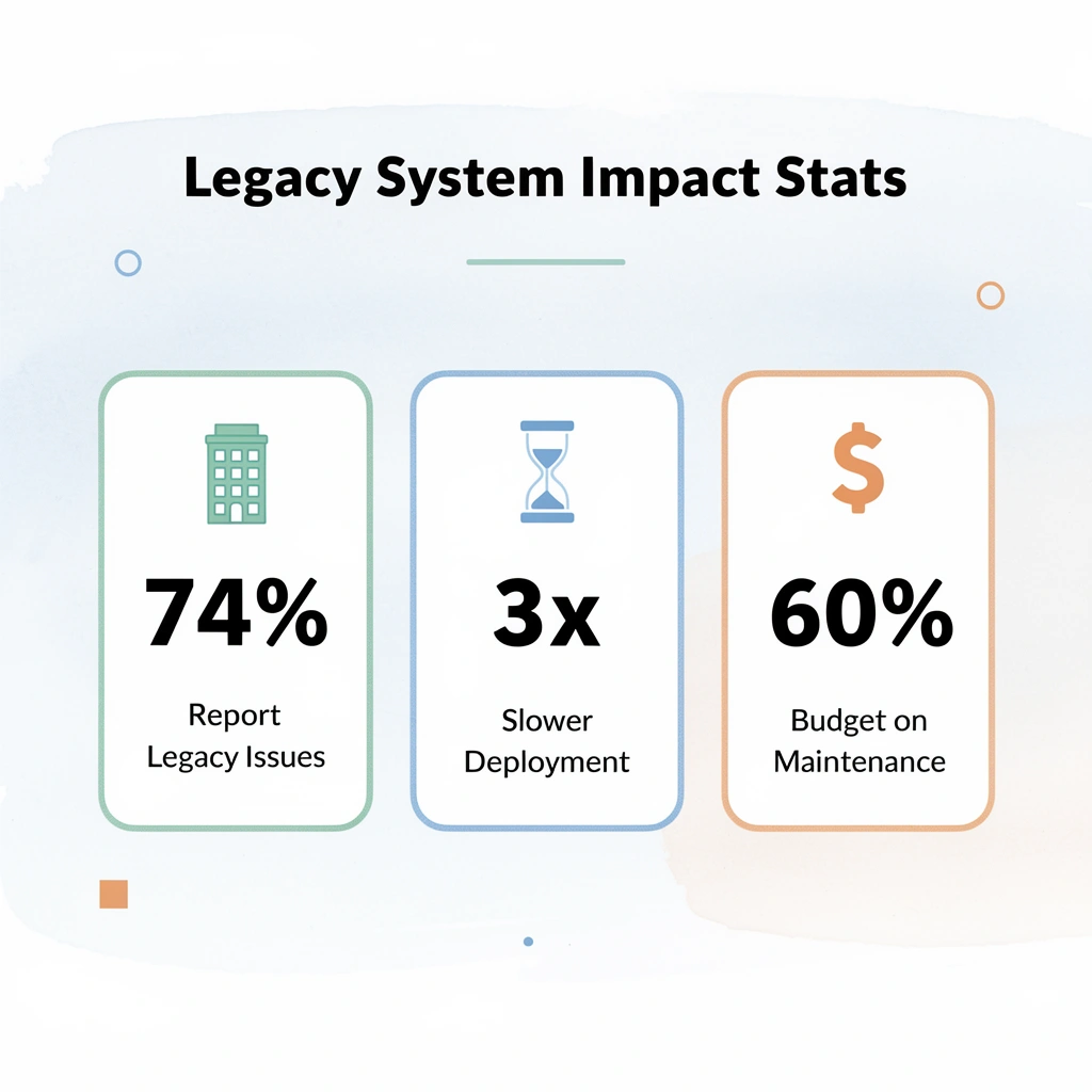 Infographic showing three key statistics about legacy system impact on enterprise organizations