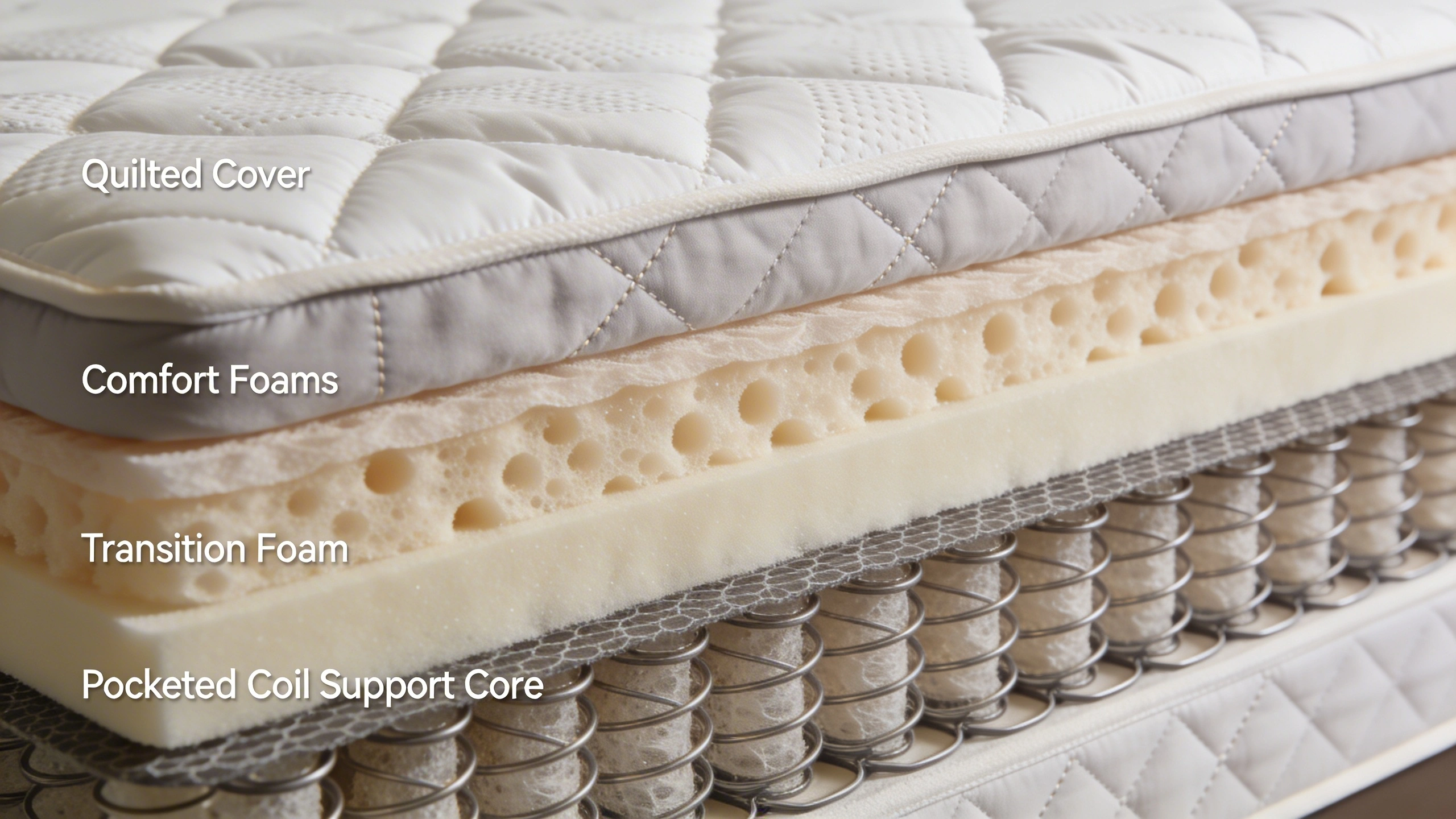 Diamond Mattress pricing, sizes, and warranty details visual: Detailed cross-section illustration of a Diamond Mattress showing multiple layers: quilted cover, comfort foams, transition foam, and pocketed coil support core. Clean labels on layers, neutral background, realistic textures for foam and fabric, technical yet approachable style similar to product manuals, soft lighting, no branding text.