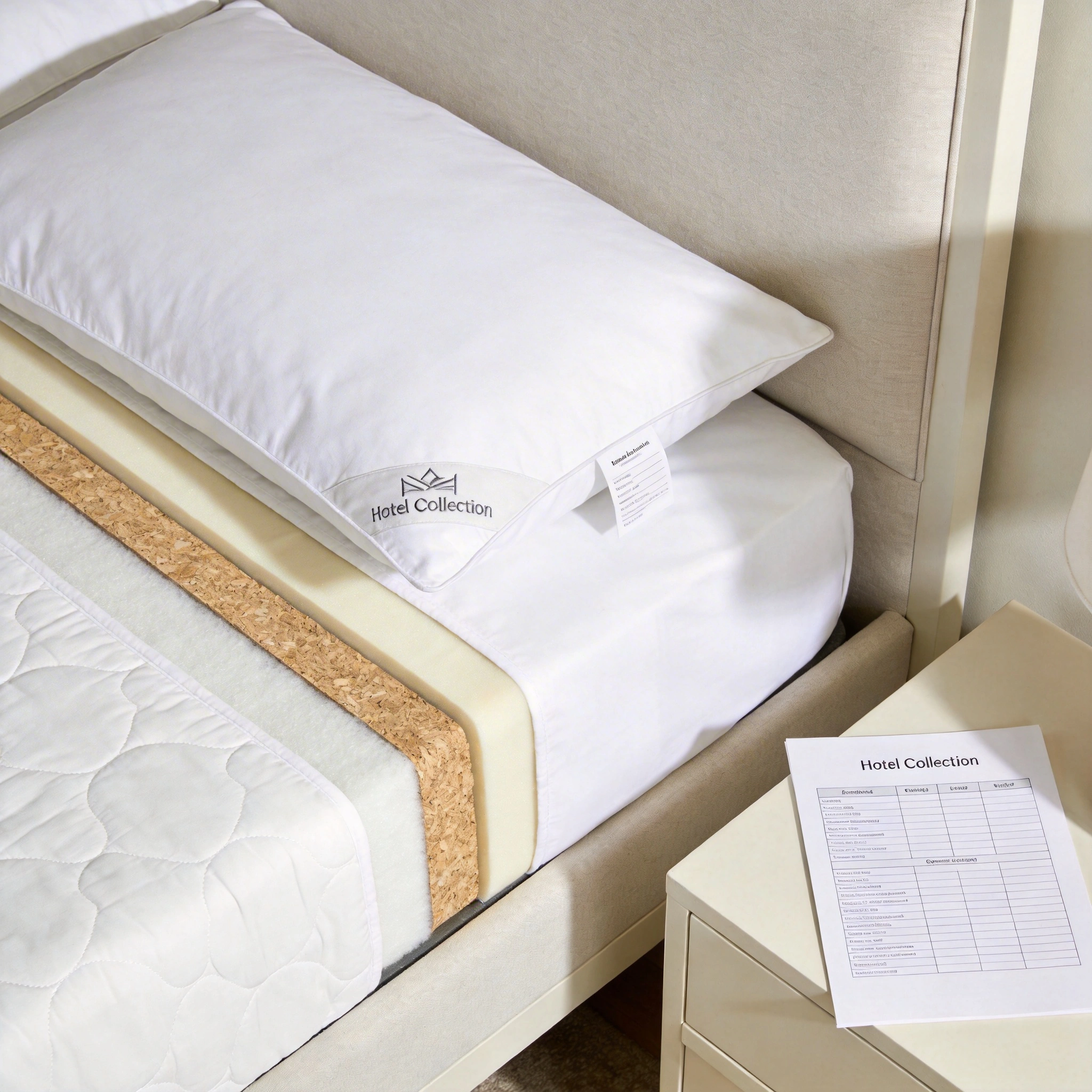 Hotel Collection Mattress Review Overview and Specs visual: Overhead shot of a Hotel Collection-style mattress on a bed frame with the layers subtly revealed along one side: supportive base foam, transition layers, and a plush top. Clean white cover with minimal branding, next to a simple spec sheet on a nightstand. Neutral colors, bright natural lighting, photorealistic product-focused composition.