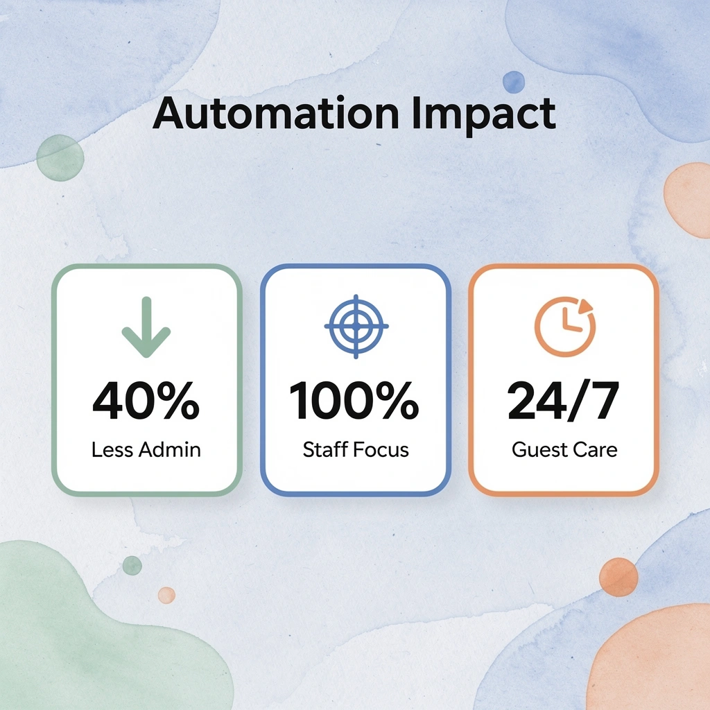 Statistics showing 40% reduction in admin tasks, 100% staff focus improvement, and 24/7 guest care
