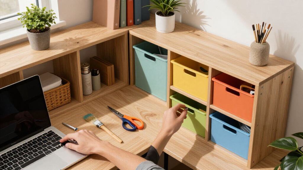 corner desk with storage shelves