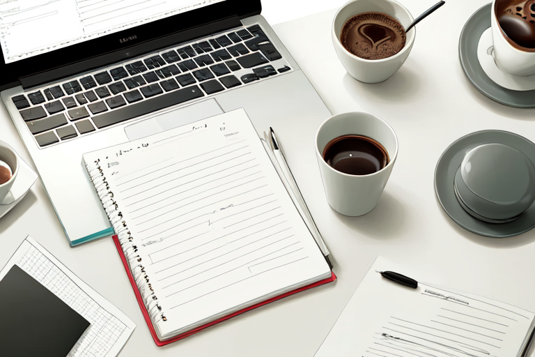 An open laptop beside a notepad with checkmarks and a coffee cup on a desk