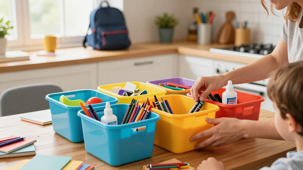school supplies organizing bins