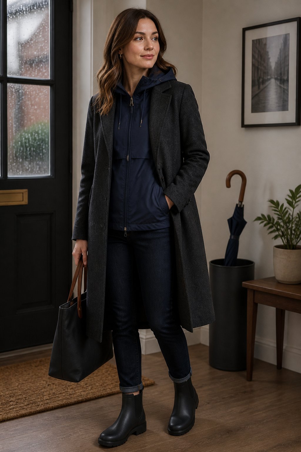 Long wool coat layered over water-resistant hoodie
