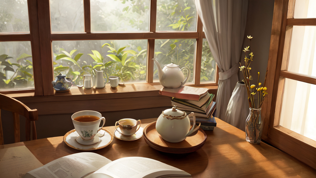 a stack of books and a cup of tea on a wooden table by a window in soft daylight