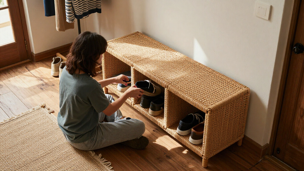 rattan entryway storage bench
