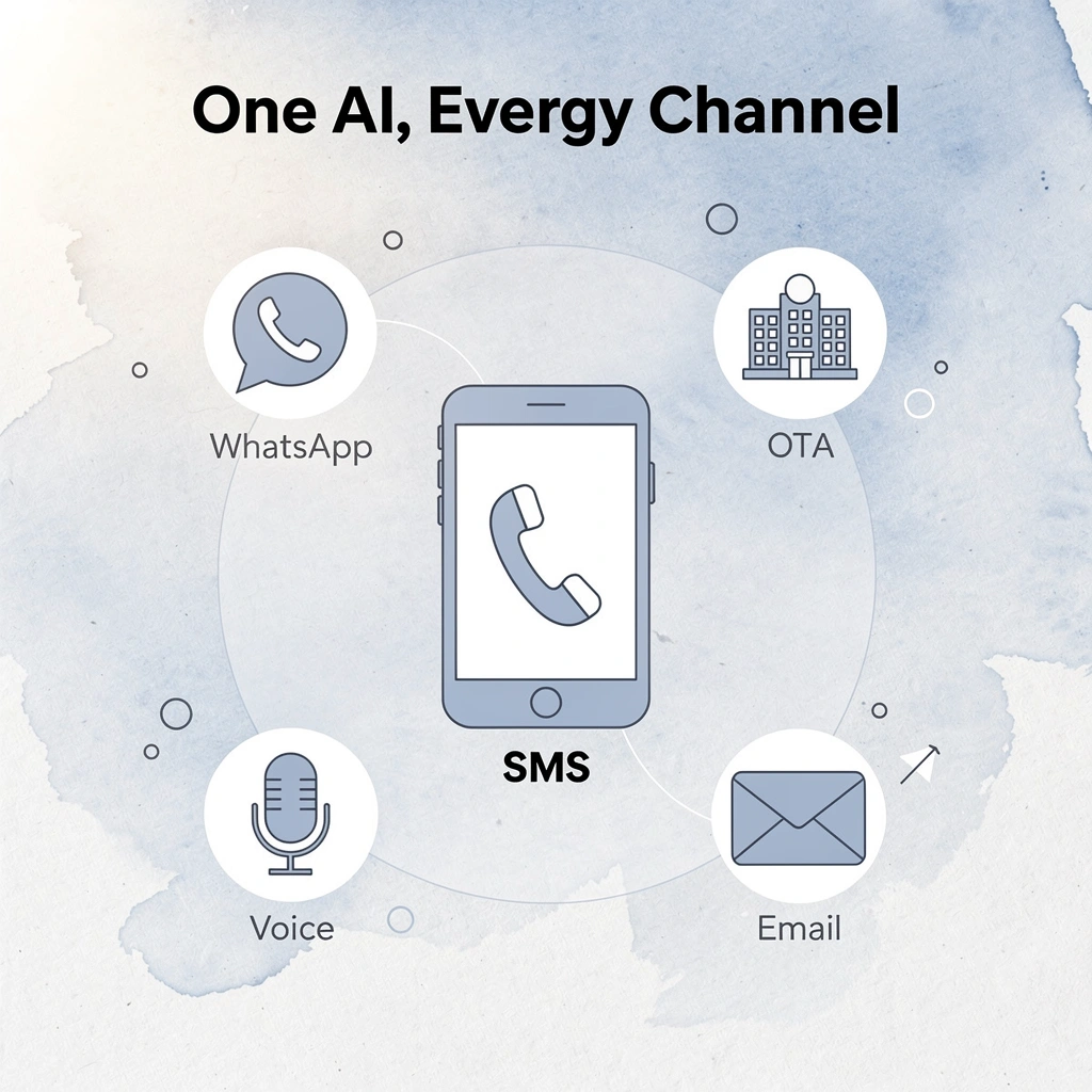 Hub and spoke infographic showing Conduit AI connected to SMS, WhatsApp, OTA, Email, and Voice channels