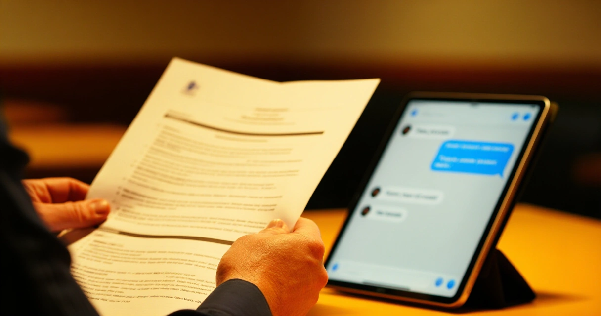 Henkilö tarkistaa paperidokumenttia tabletilla näkyvän tekoälyavustajan rinnalla