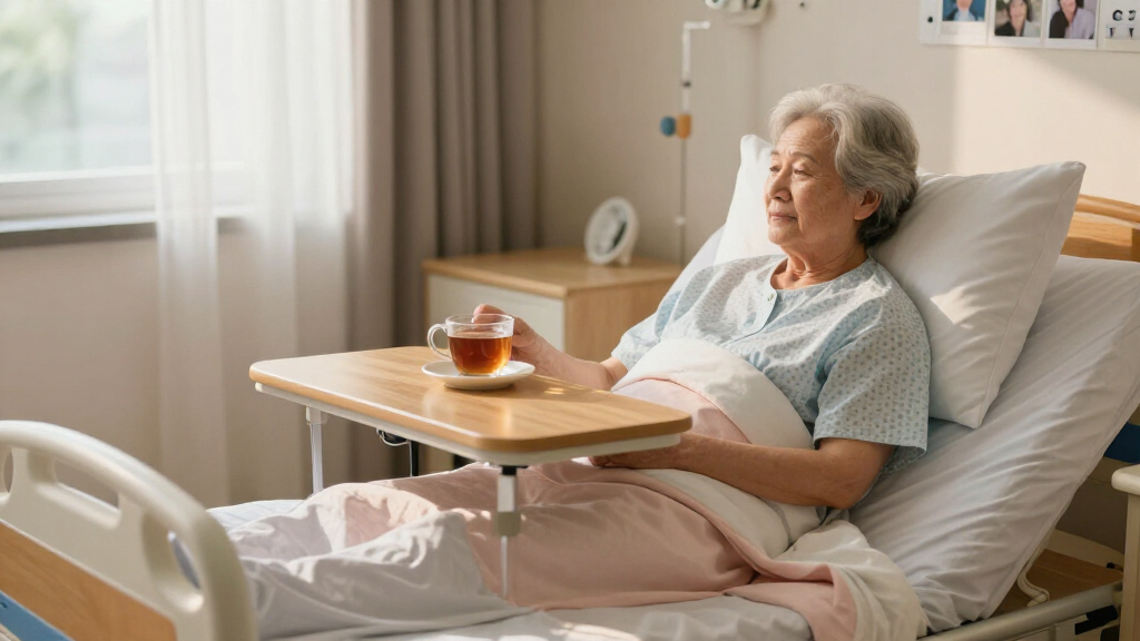 hospital bed with overbed table and rails set