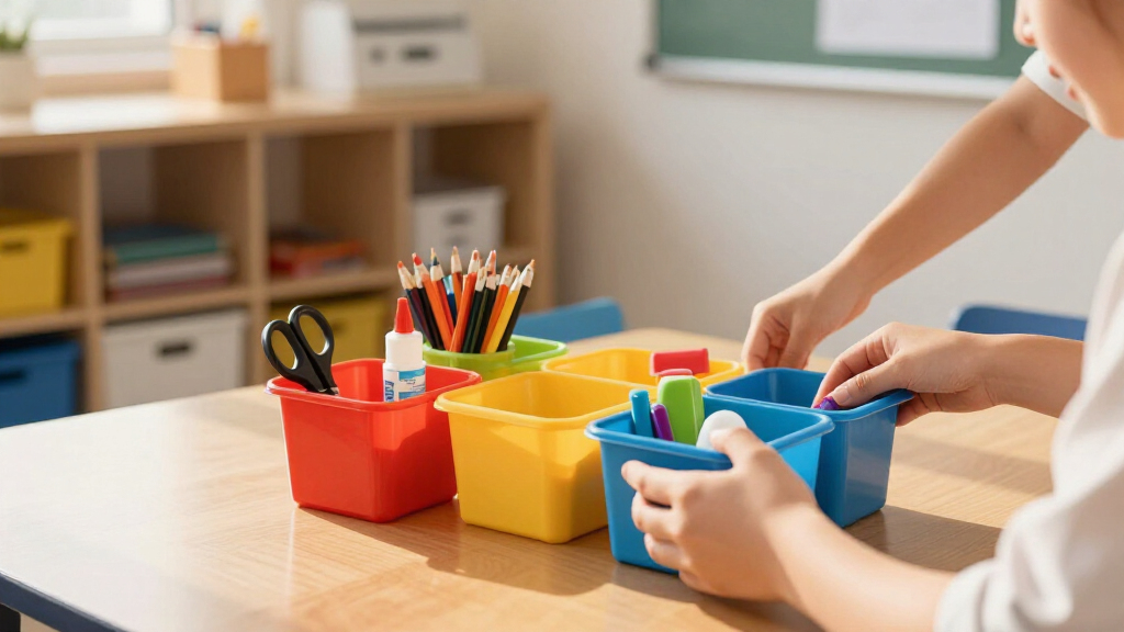 school supplies organizing bins