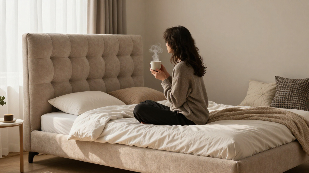 upholstered bed frame with tall headboard