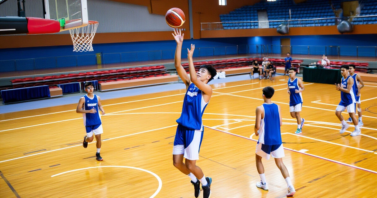 Young UAAP basketball players training inside a gymnasium