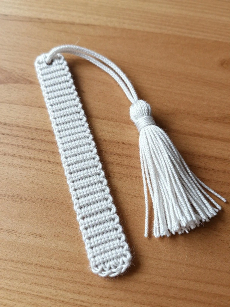 A white knitted bookmark with textured stitches lies on a wooden table next to a white cord loop and tassel.