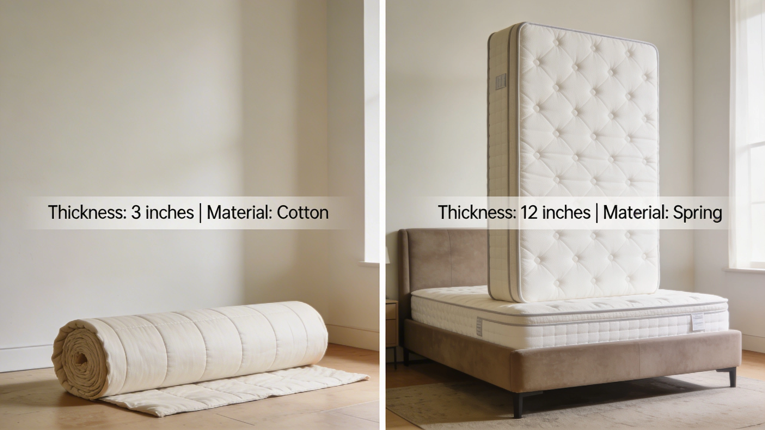 Health and Posture Benefits of an Indian Style Mattress visual: Side-by-side comparison scene: on the left, a thin, firm Indian style cotton mattress rolled halfway on the floor; on the right, a tall 12-inch Canadian spring or foam mattress on a bulky bed frame. Neutral background, labels subtly indicating thickness and materials. Clean, educational, photorealistic layout.