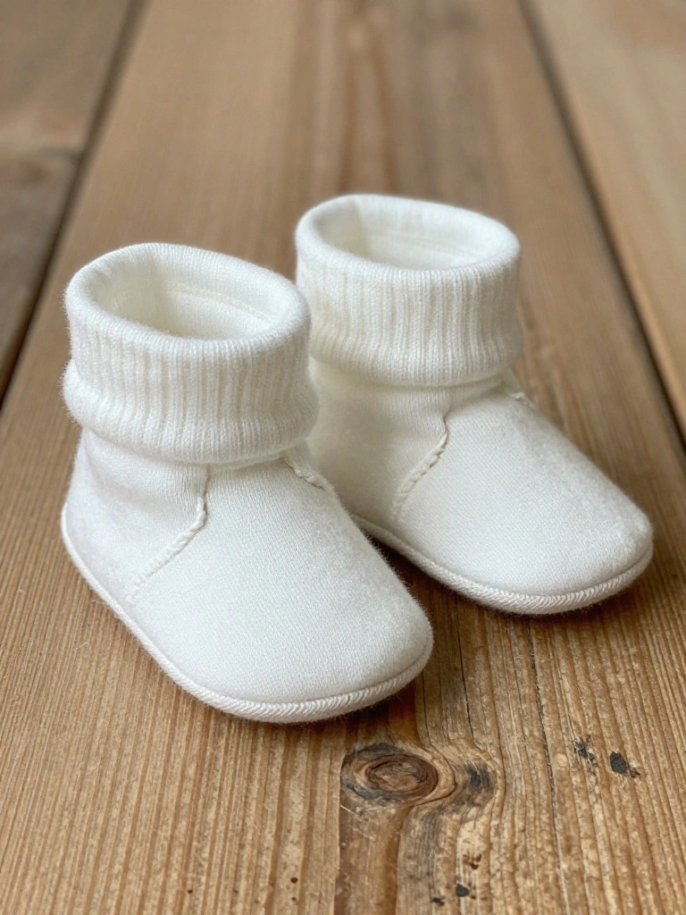 Two white fuzzy knitted baby booties with folded ribbed cuffs on a wooden table.
