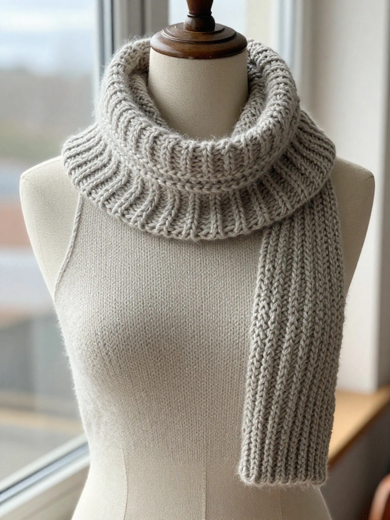 Gray chunky ribbed knitted scarf looped around a white mannequin neck with one long end draped down.
