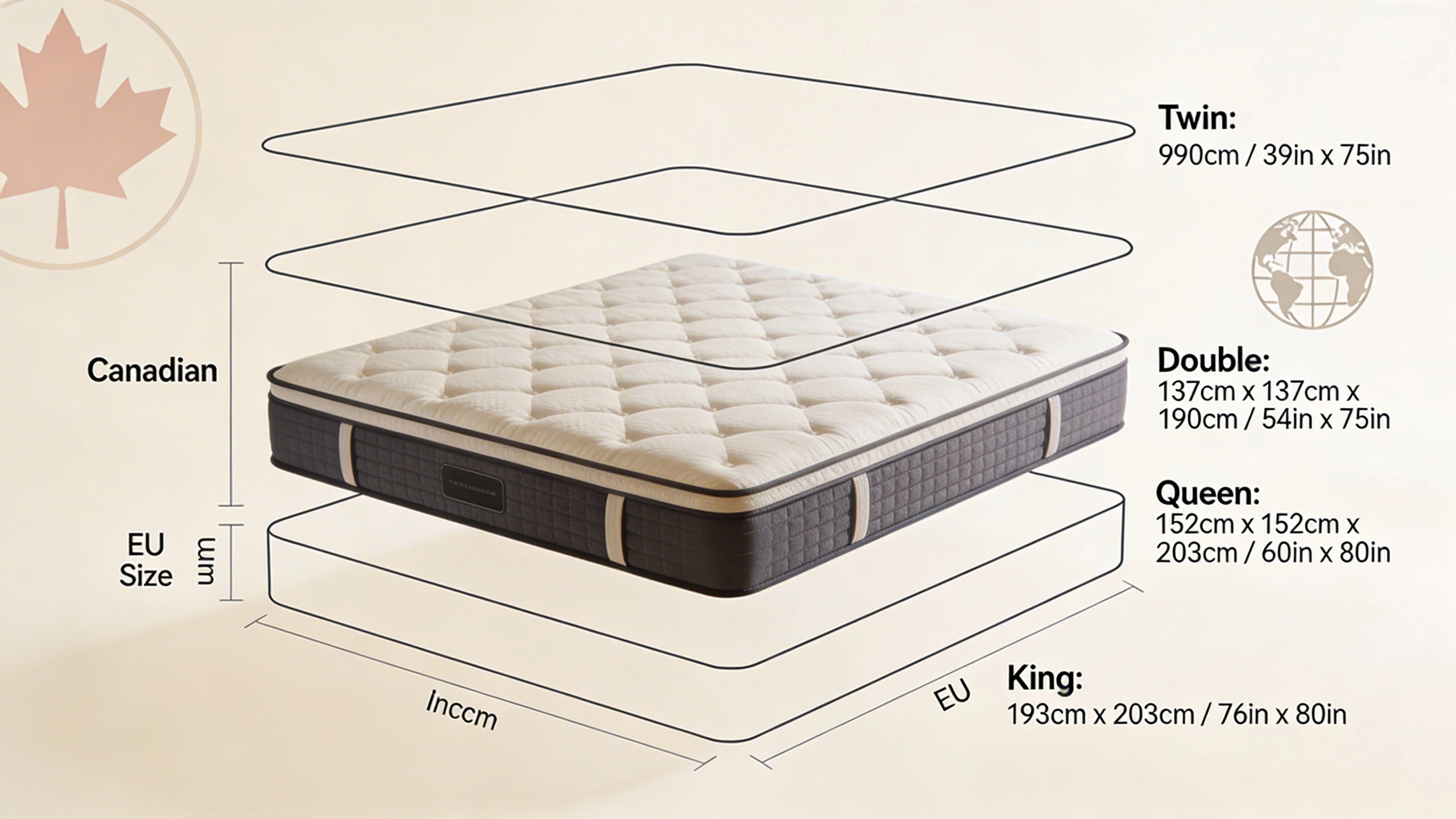 Budgeting for a Mattress in Canada: Price Ranges and Value visual: Comparison chart illustration showing Canadian mattress sizes (Twin, Double, Queen, King) alongside US and EU size outlines, drawn as overlapping bed silhouettes. Clean lines, labeled dimensions in centimeters and inches, neutral background with subtle maple leaf and globe icons. Modern, flat design, clear and educational composition.