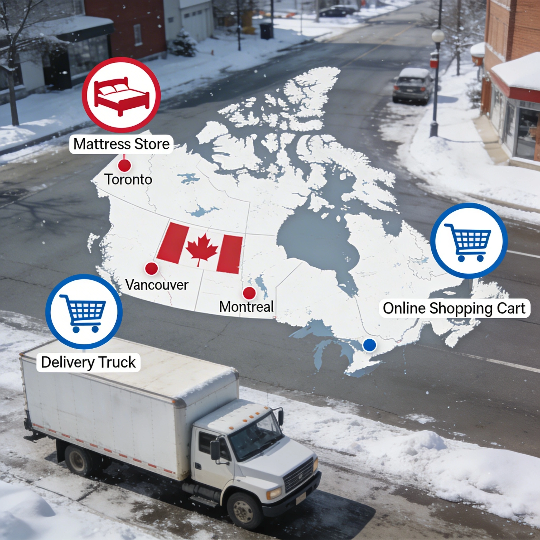 Understanding the Mattress Canada Market: What Makes It Unique? visual: Infographic-style scene of the Canadian mattress market: a map of Canada with icons for major cities, mattress stores, online shopping carts, and delivery trucks in snowy streets. Clean, flat design with red and blue accents, simple labels, and friendly, informative mood. Horizontal layout suitable for an article illustration.