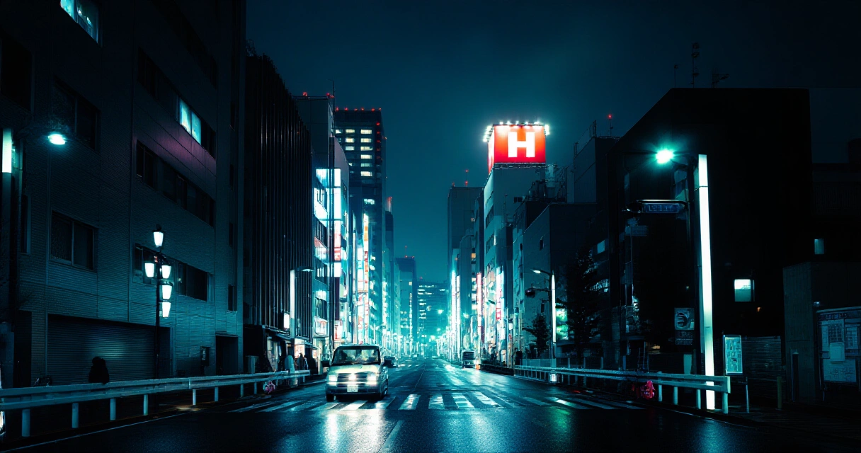 Tokyo nighttime cityscape with neon lights, setting for Persona 5 Royal