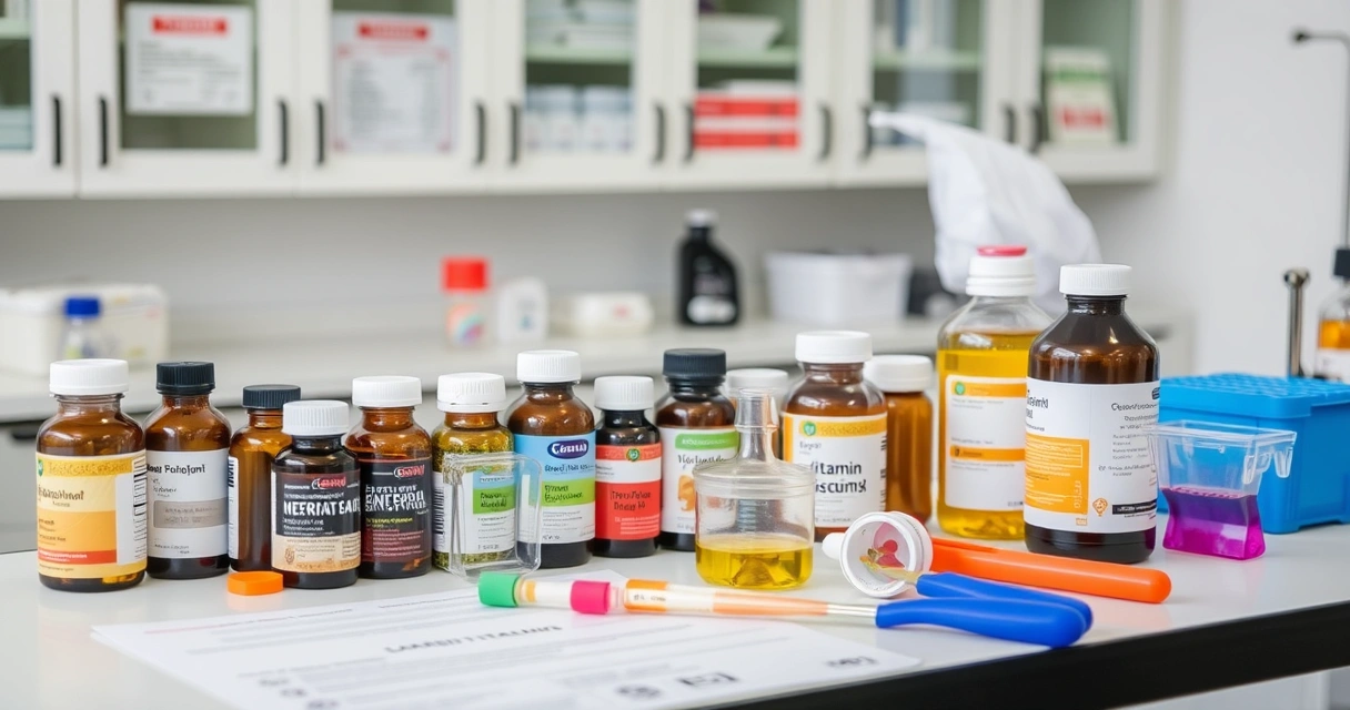 Ravintolisäpulloja laboratoriossa mittausvälineiden kanssa