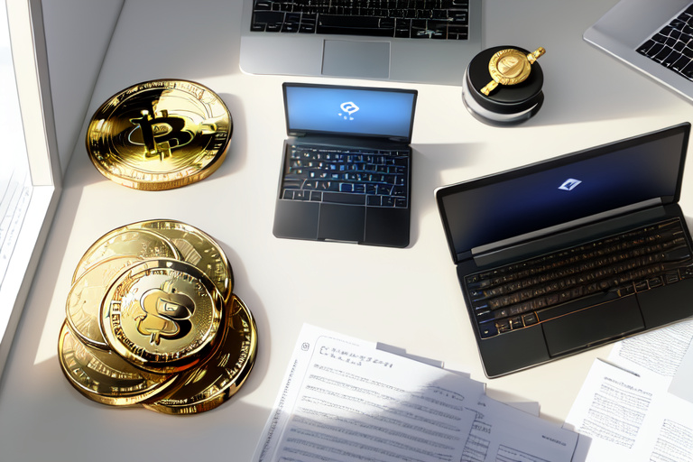A bank card and a gold crypto coin side by side beside a laptop on a desk