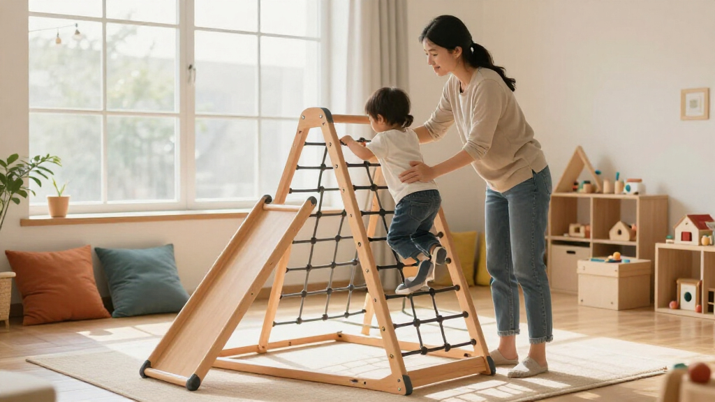 montessori climbing triangle with slide with climbing net
