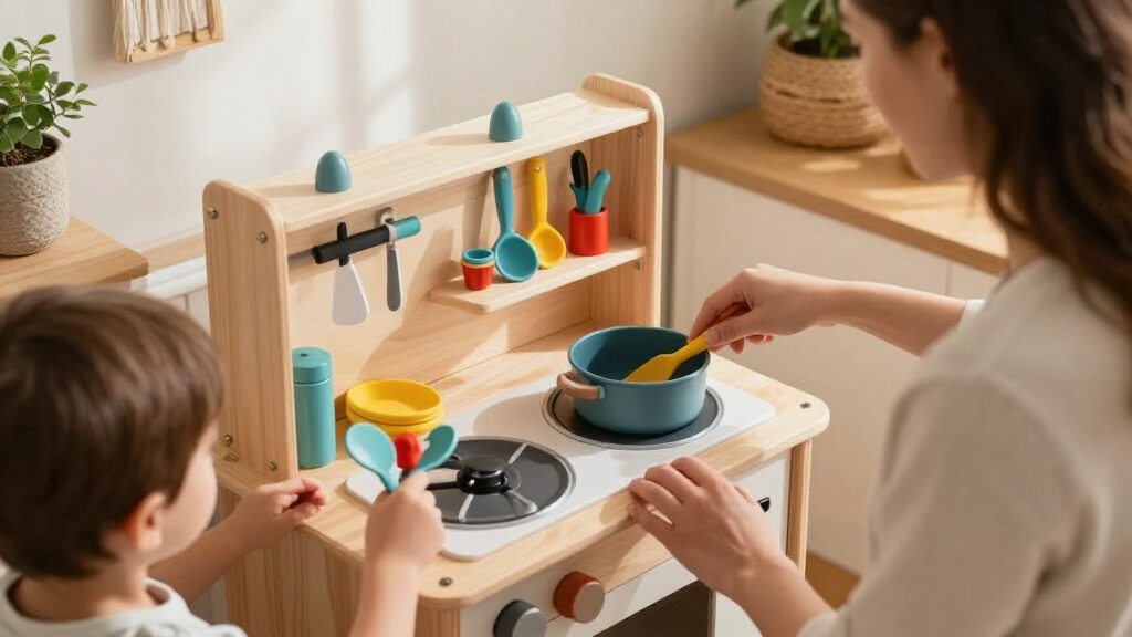 wooden play kitchen with lots of accessories