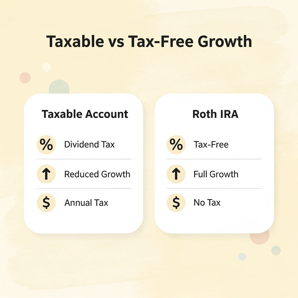 Comparison infographic showing taxable account versus Roth IRA benefits