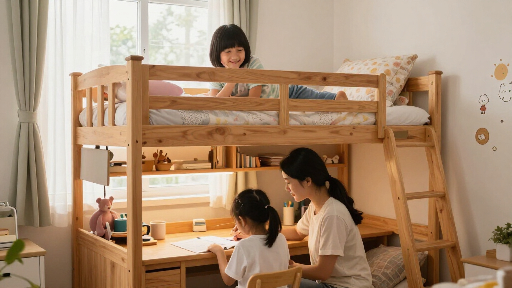 bunk bed with desk for small shared custody bedroom