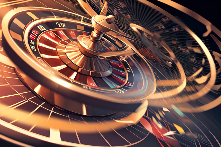 a spinning roulette wheel with motion blur beside a stack of chips