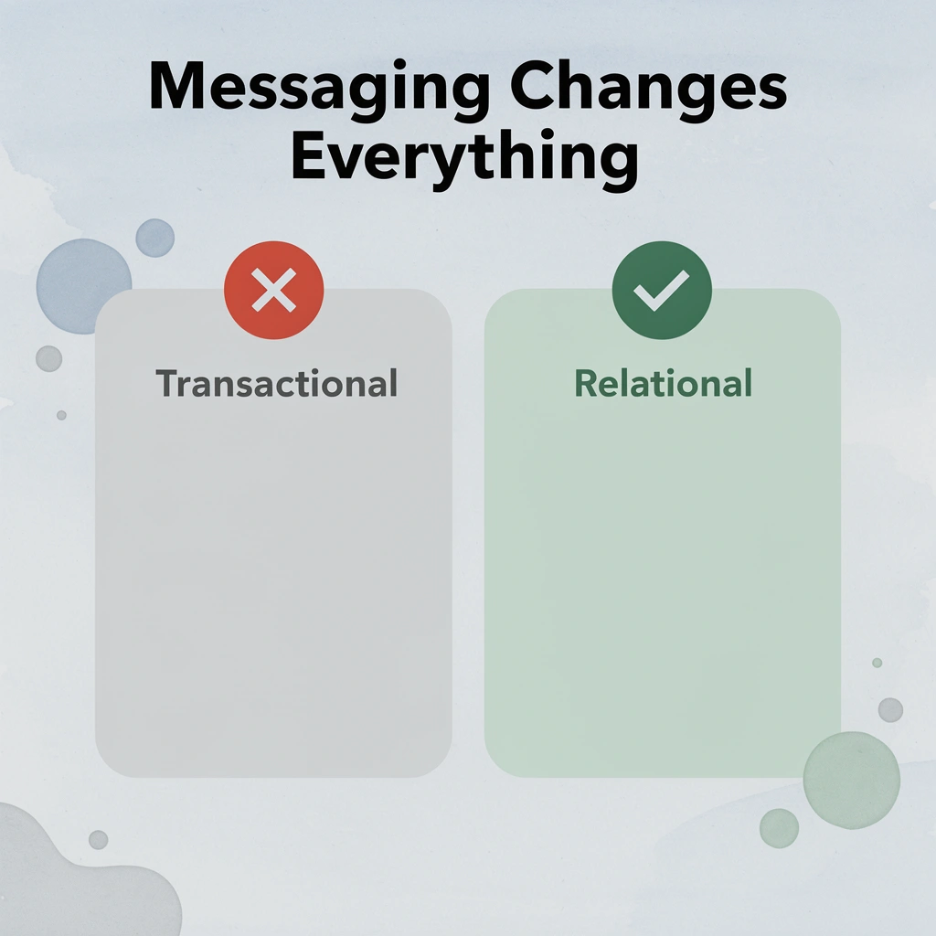 Before and after infographic showing shift from transactional to relational guest communication