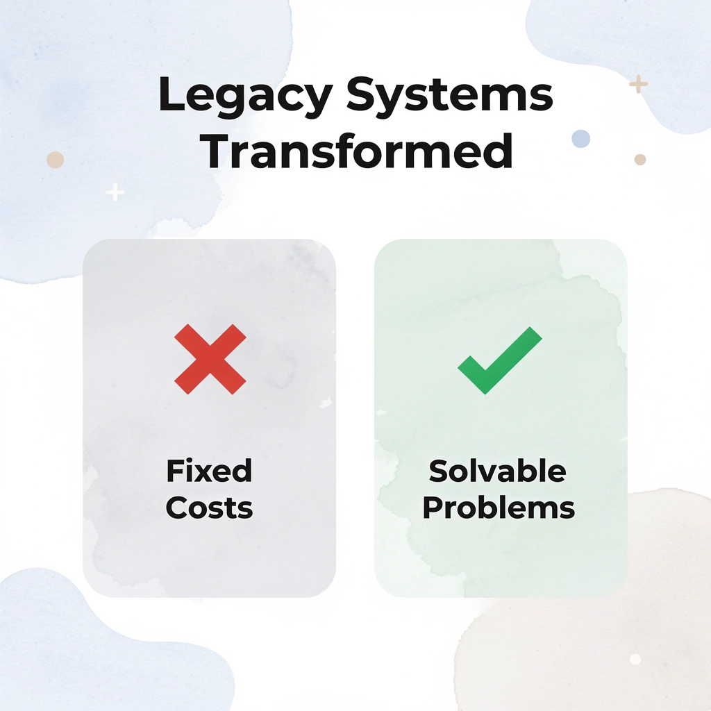 Before and after infographic showing legacy systems shifting from fixed costs to solvable engineering problems