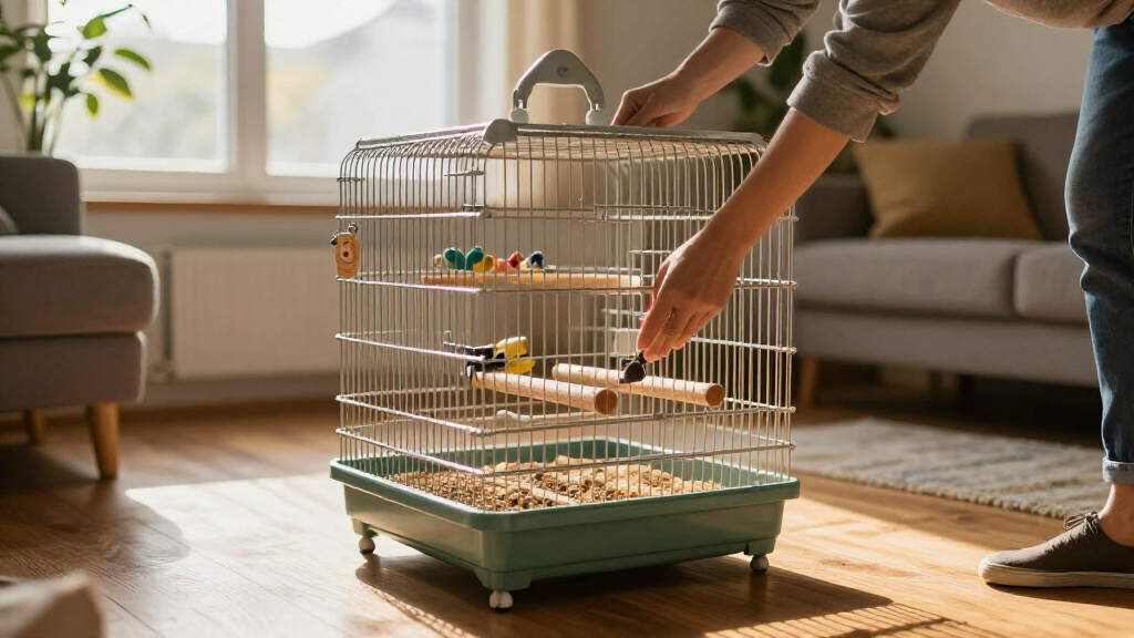 large bird cage with rolling base and seed guards