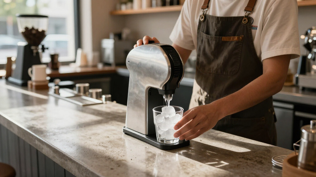 Crescent ice machine for coffee bar