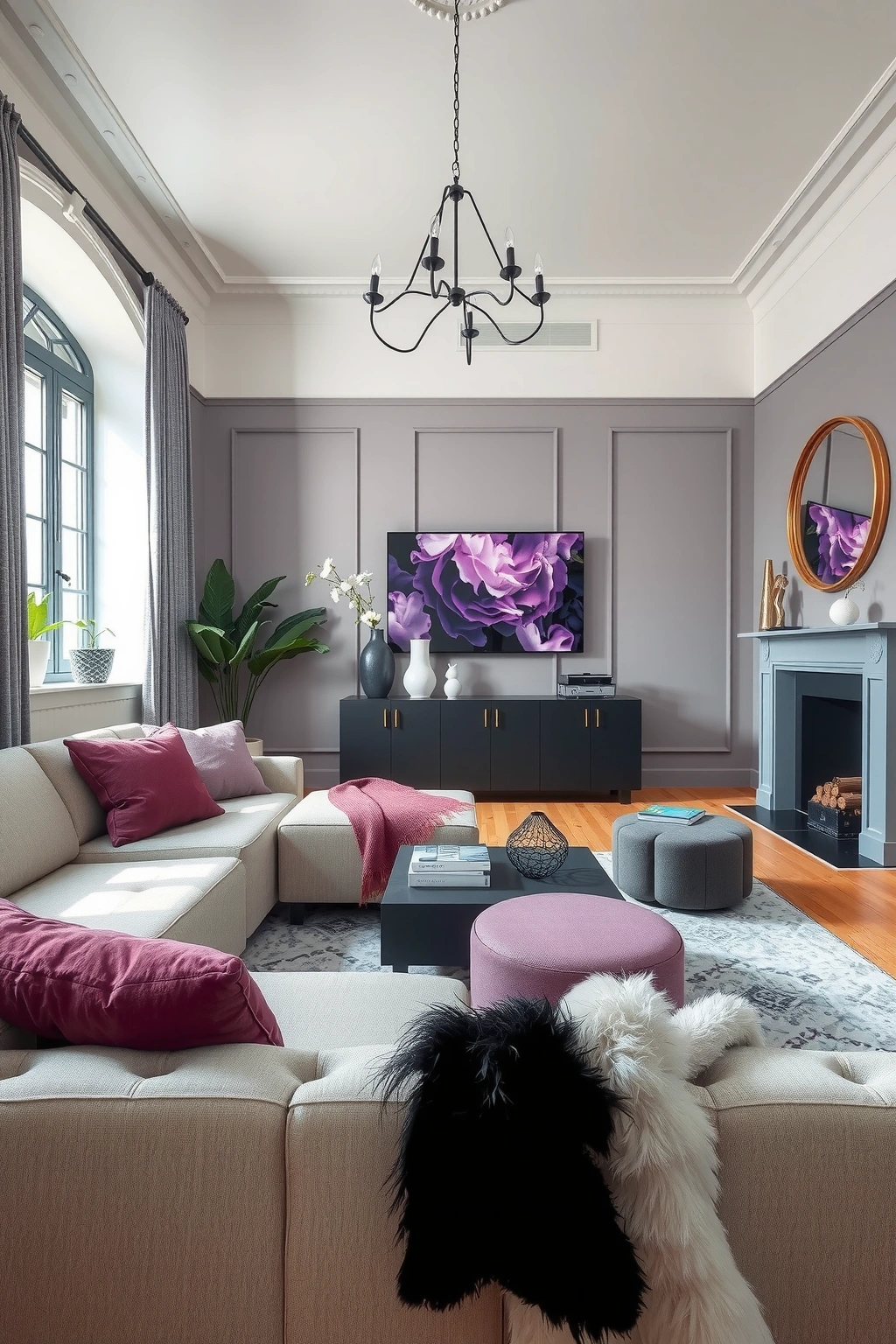 Détendez-vous dans un salon gris et violet chic et cosy