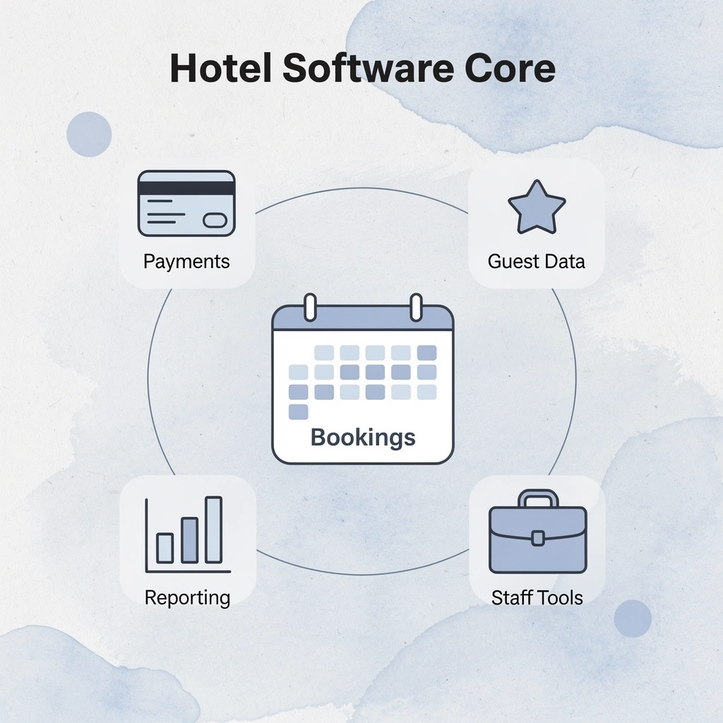 Hub and spoke infographic showing hotel management software platform connected to five core functions