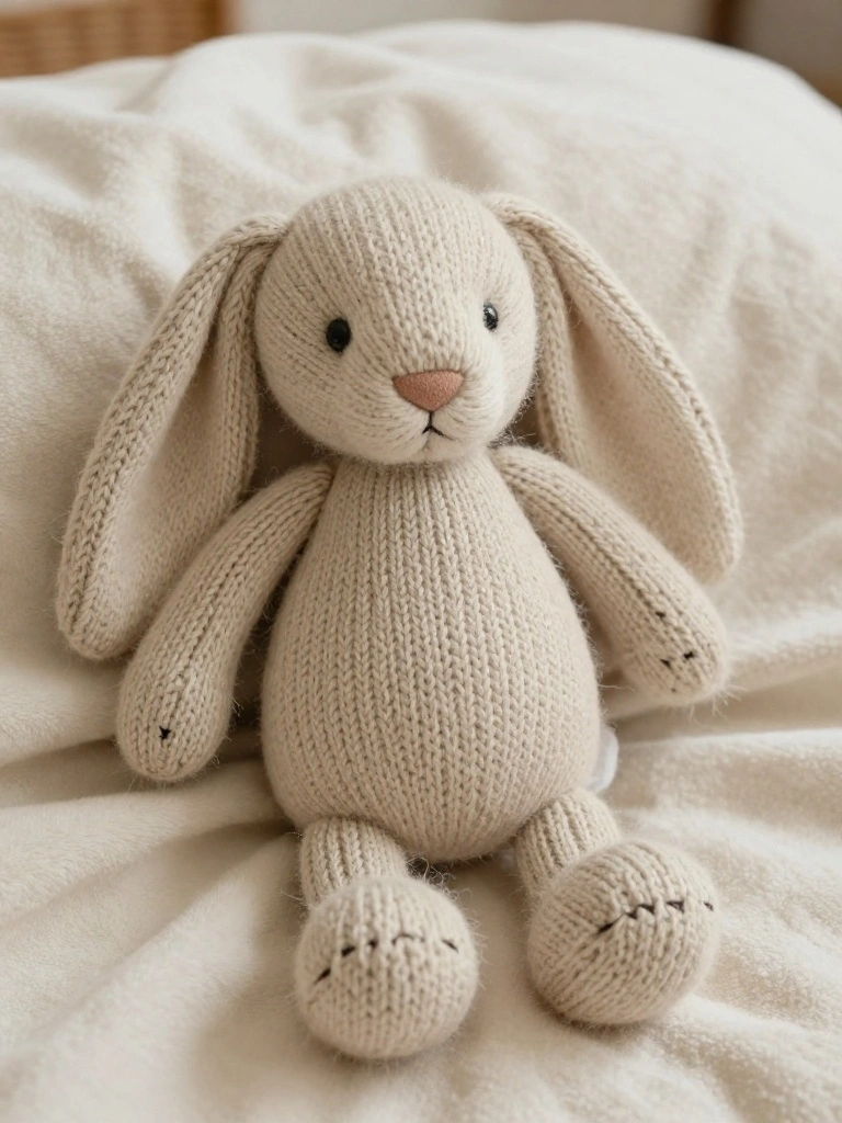 A cream-colored knitted plush bunny toy with floppy ears and simple facial features lying on a white bed.