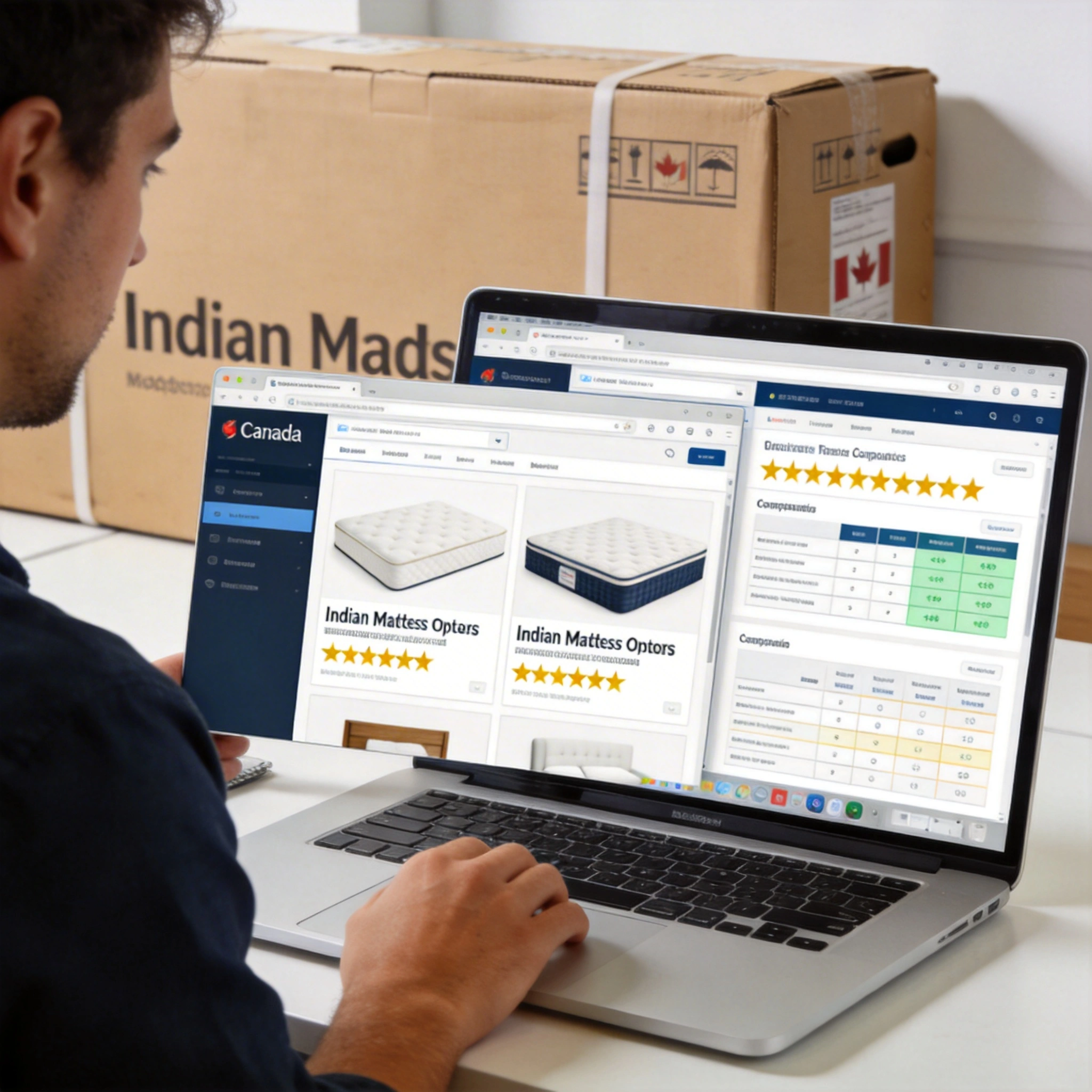 Pros of Ordering an Indian Mattress in Canada from Online or National Sellers visual: Modern home office setting in Canada: a person comparing Indian mattress options on a laptop, multiple browser tabs with product pages, star ratings, and comparison charts. Cardboard mattress box in the background. Clean, bright lighting, focus on convenience and digital information, lifestyle photography style.