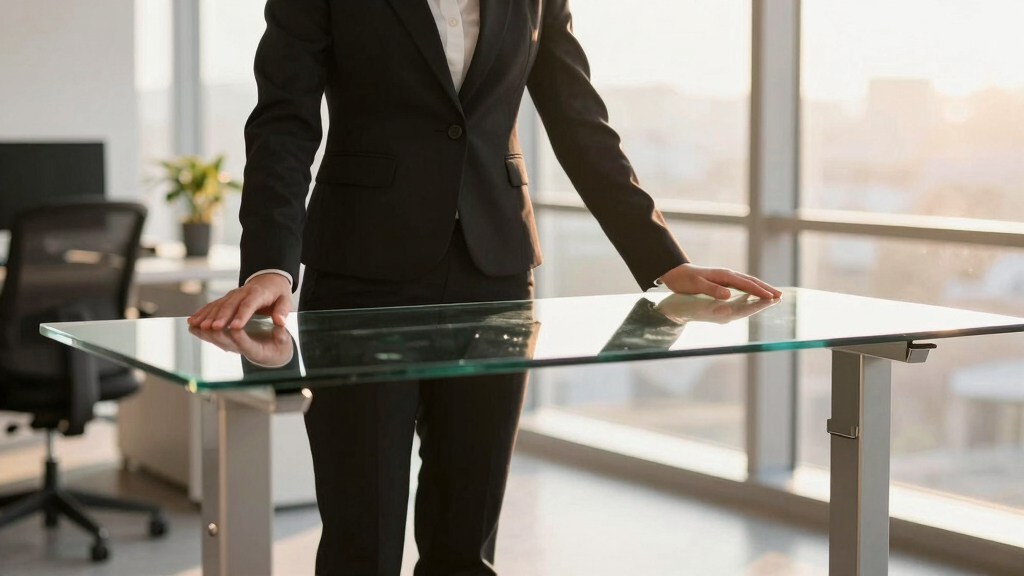 Glass top standing desk for client facing office