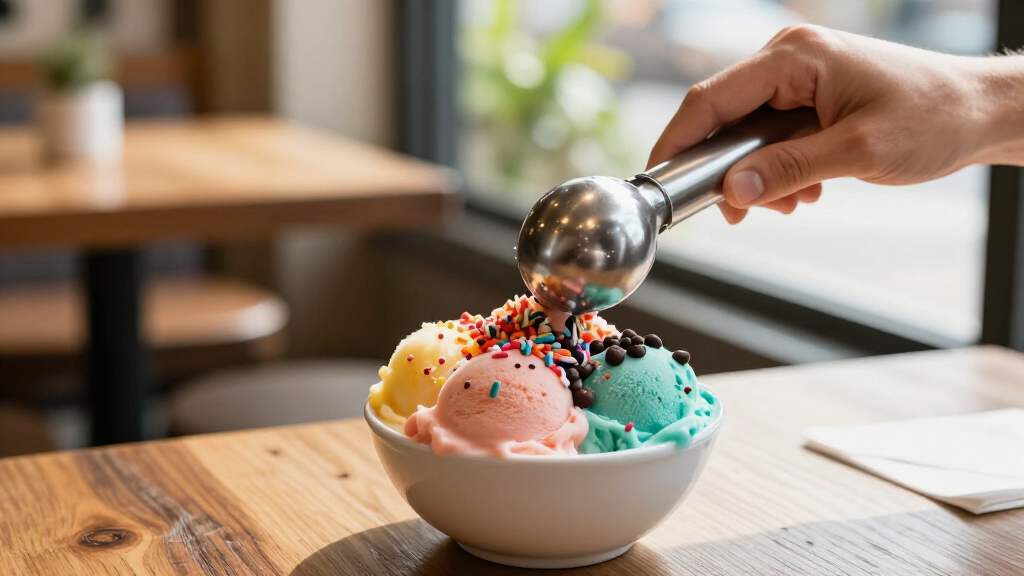 ice cream scoops and toppings