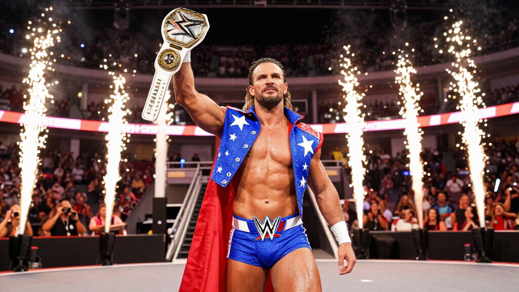 WWE champion with American Dream themed entrance pyrotechnics and championship belt
