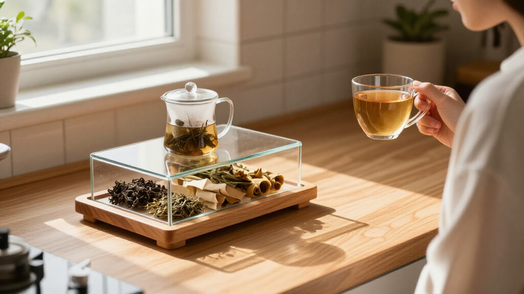 wood and glass tea display