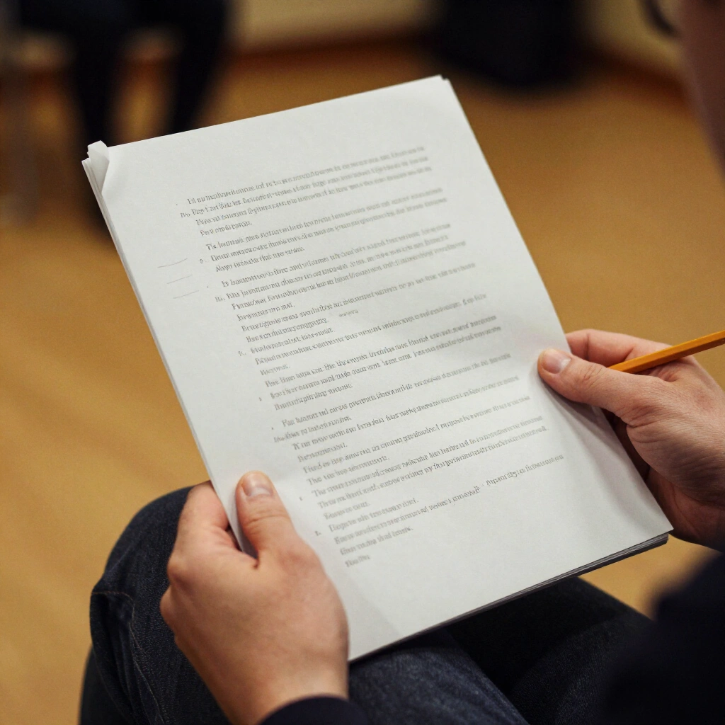 Annotated monologue script held on a lap