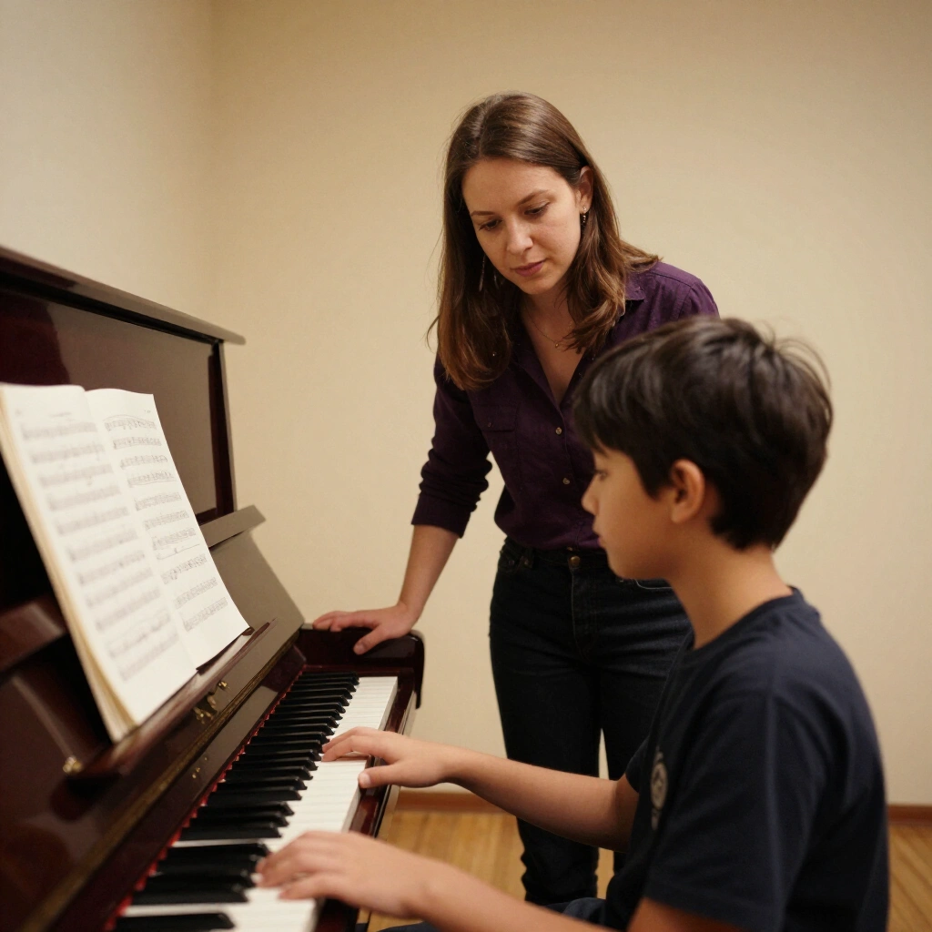 Voice teacher and student at an upright piano