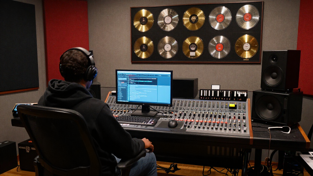 Hip hop music recording studio with gold records — 50 Cent's musical legacy and production work